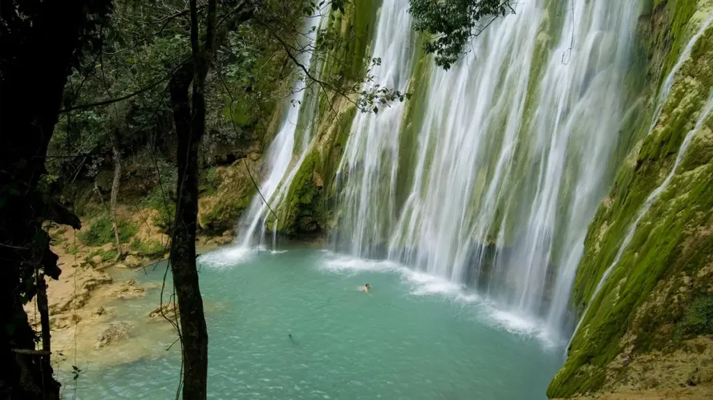 Salto El Limón cayendo sobre una poza verde rodeada de selva en Samaná