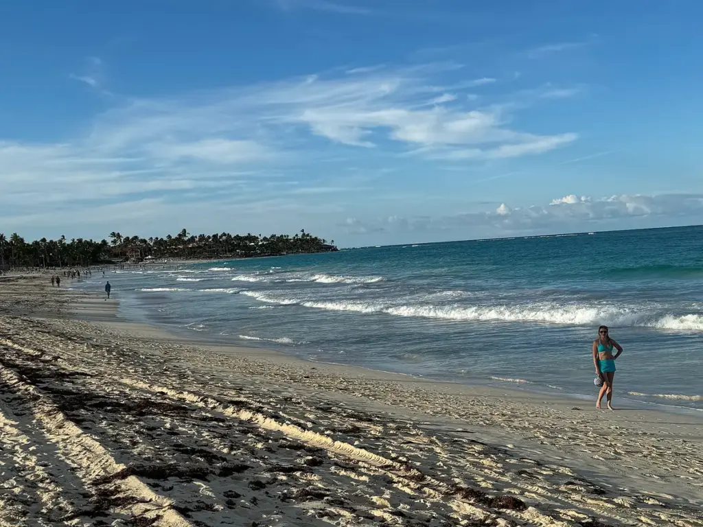 Arena blanca y mar turquesa en Playa Bávaro con palmeras al fondo