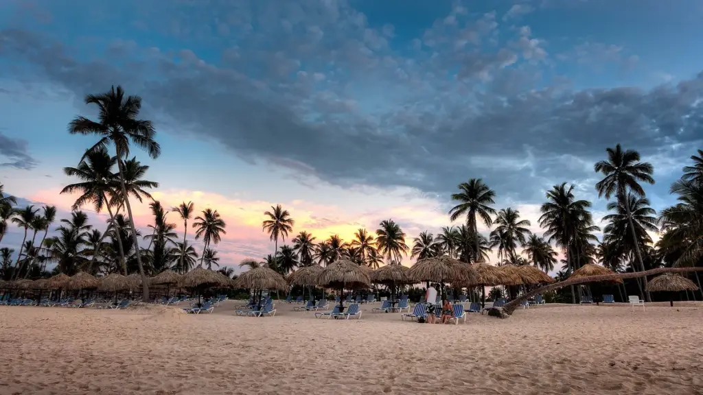 Atardecer sobre la playa de Bávaro con palmeras a contraluz