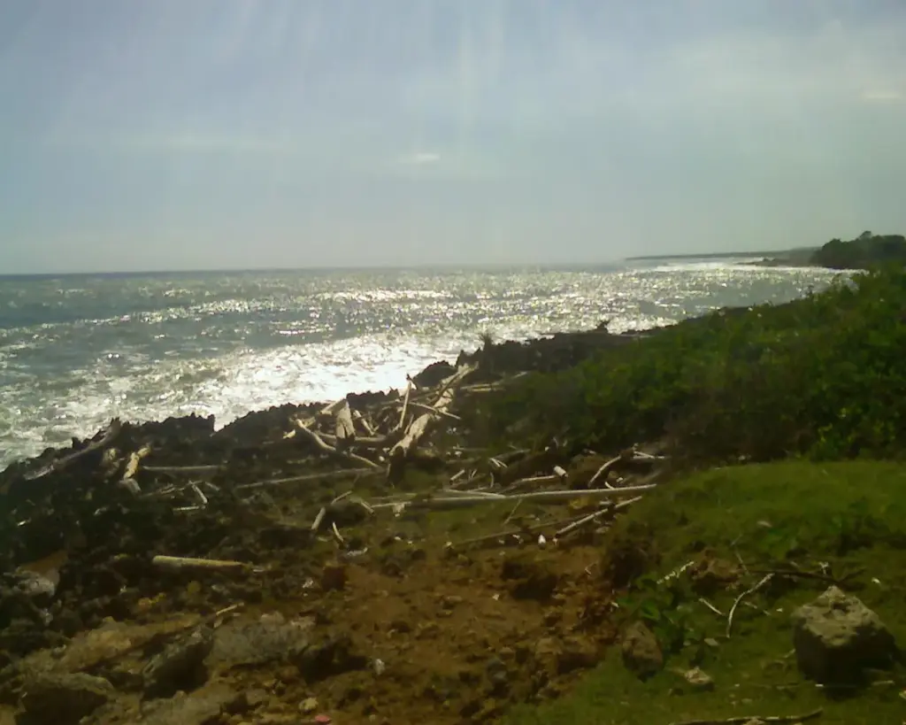 Costa rocosa de Haina con el mar Caribe y oleaje bajo un cielo despejado