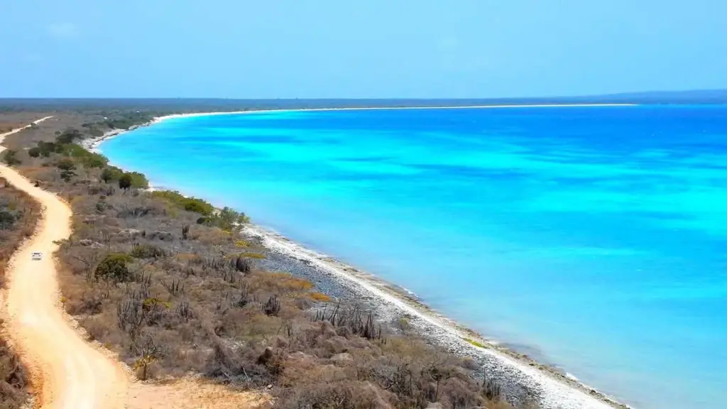 Vista aérea de la arena blanca y el agua turquesa de Bahía de las Águilas en el suroeste dominicano